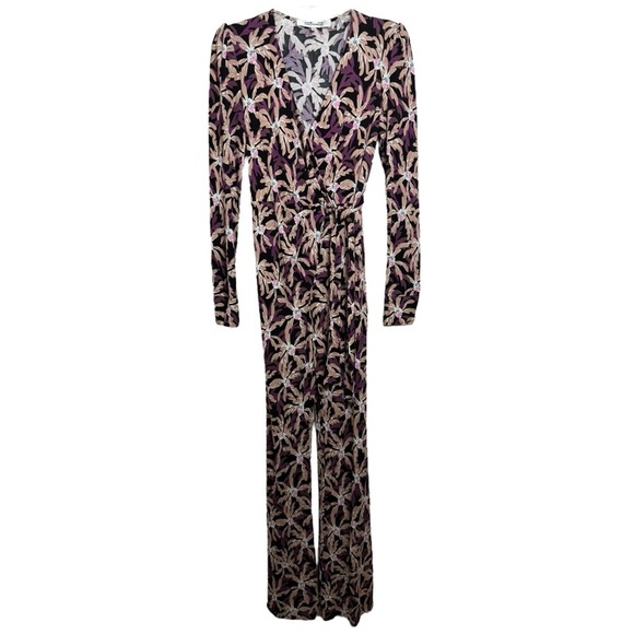 Diane Von Furstenberg Seoul Printed Wrap Jumpsuit Sz 4 Purple Tropical One Piece - Picture 4 of 10